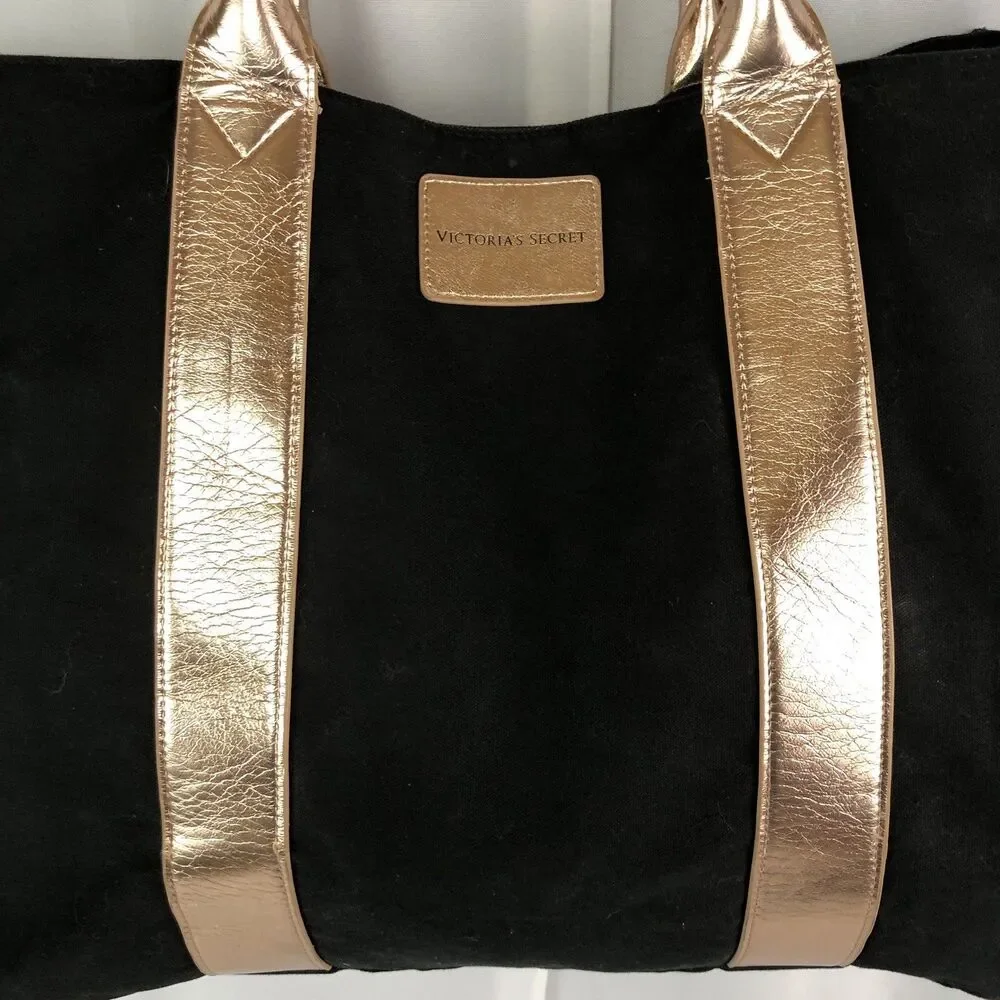 Victoria's Secret Tote Black & Gold Weekender Tote Getaway Bag Canvas Fabric - Picture 3 of 10